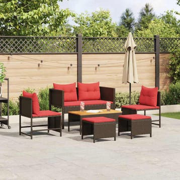 vidaXL Tuinbankenset 6 st Bruin en Rood poly rattan, Tuin en Terras, Verzenden, Nieuw, Rotan, 6 zitplaatsen