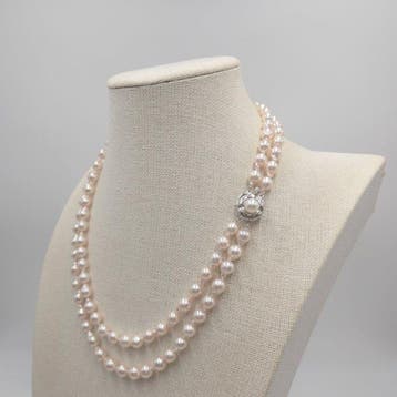 Halsketting Zilver Parel - Akoya dubbel 7,5 mm 20 inch, Nieuw