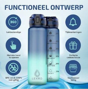Lekro Waterfles met Tijdmarkeringen - Blauw 1 Liter. Let op, Ophalen of Verzenden, Zo goed als nieuw