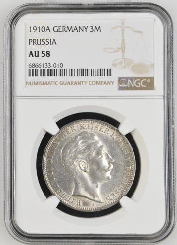 Duitsland, Pruisen Willem II. 3 Mark 1910 - NGC AU58, Postzegels en Munten