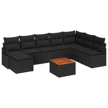 vidaXL Tuinbankenset met kussen 9 pcs Zwart poly rattan, Verzenden, Nieuw, Rotan, Meer dan 8 zitplaatsen