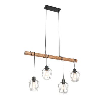 Smart hanglamp zwart met hout incl. 4 Wifi A60 - Stronk, Verzenden, Nieuw, Landelijk