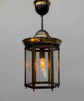 Plafondlamp - Messing, Glas - Hallamp / lantaarn