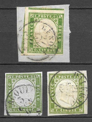 Italiaanse oude staten - Sardinië 1857 - Drie 5c-postzegels,, Gestempeld