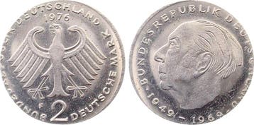 2 Dm Duitsland Fehlpraegung 2 Mark Heuss 1976 F auf 1dm,..., Verzenden