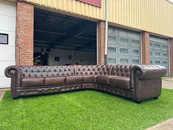 Hoekbank CHESTERFIELD bankstel bruin leer +Gratis bezorging, 250 tot 300 cm, Design, Hoekbank, Zo goed als nieuw
