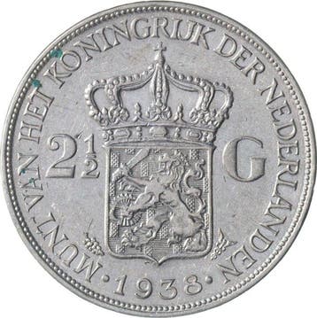 Nederland. Wilhelmina. 2 1/2 Gulden 1938 grof haar