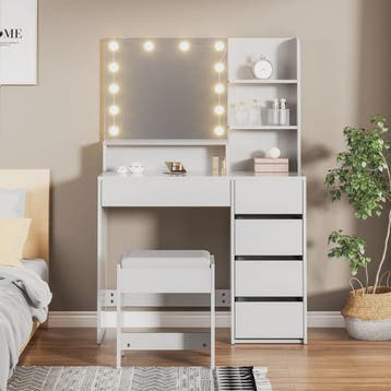 Kaptafel met Verlichting, Spiegel, Kruk en Veel Opbergruimte, Verzenden, Nieuw