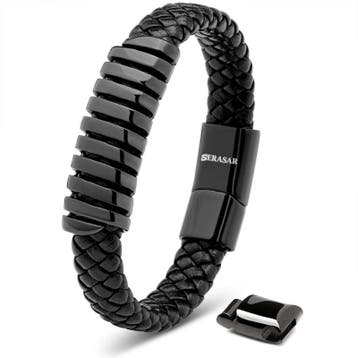 SERASAR Prime Lederen Armband Heren [Helix] - Zwart 23cm..., Sieraden, Tassen en Uiterlijk, Armbanden, Verzenden, Nieuw