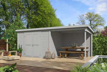 Outdoor Life Blokhut Kjeld met Overkapping Platinum Grey 550, Tuin en Terras, Tuinhuizen, Nieuw