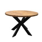 Ronde teak tafel metalen kruispoot op voorraad; Indoteak, Nieuw, Ophalen of Verzenden, Modern, Vier personen
