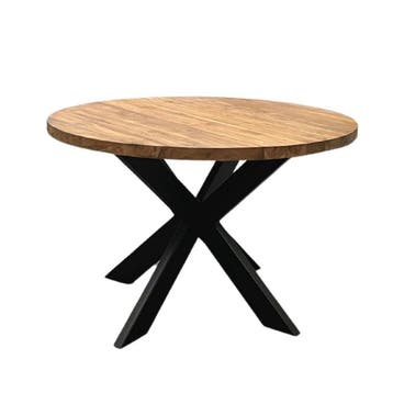 Ronde teak tafel metalen kruispoot op voorraad; Indoteak, Huis en Inrichting, Tafels | Eettafels, Nieuw, Ophalen of Verzenden