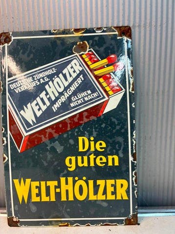 Welt-Hölzer – Duitse Lucifers – Emaille Reclamebord -, Antiek en Kunst
