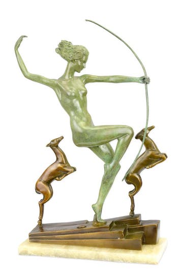 A BRONZE SCULPTURE OF DIANA WITH 2 DOGS GREEN / BROWN FINISH, Verzenden, Nieuw