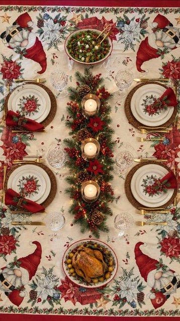 Kabouters in het kerstdorp - Tafelkleed - 240 cm - 240 cm, Diversen, Nieuw