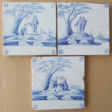 Tegel (3) - 3 17e eeuwse Bijbeltegels. - 1650-1700, Antiek en Kunst