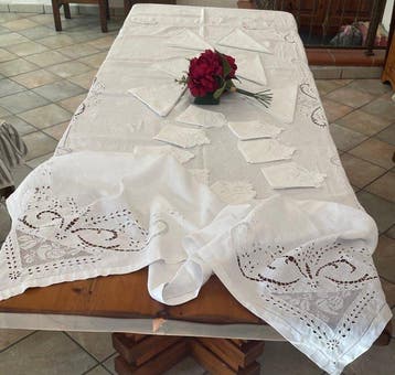 Lavorazione Jacquard a motivi floreali - Tafelkleed (15) -, Antiek en Kunst, Antiek | Kleden en Textiel