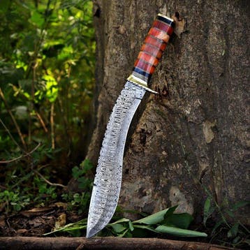 Keukenmes - Bowie/Kukri-stijl mes - Staal, Messing, Leder,, Antiek en Kunst