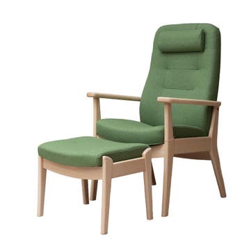 Farstrup Fautueil+ Voetenbank in groen stof, Huis en Inrichting, Minder dan 75 cm, Ophalen of Verzenden, 50 tot 75 cm, Hout