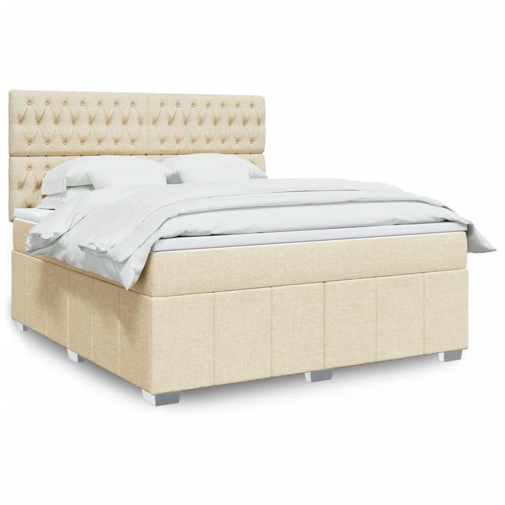 vidaXL Boxspring met matras stof crèmekleurig 180x200 cm, Huis en Inrichting, Slaapkamer | Bedden, 80 cm, 200 cm, Crème, Eenpersoons