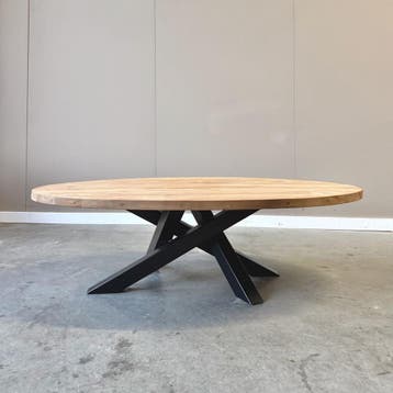Ovale salontafel met stalen twistpoot -  130 cm x 80 cm Glad, Ophalen of Verzenden, Nieuw, Ovaal, Teakhout