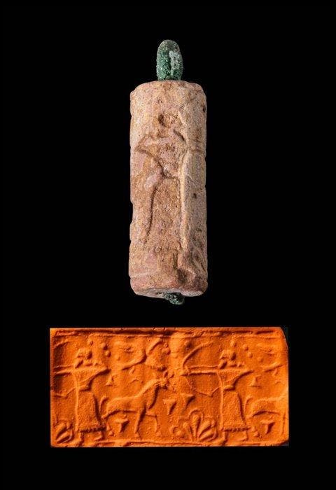 Neo-Assyrisch (Mesopotamië) stenen cilindersiegel onderzocht, Antiek en Kunst, Antiek | Overige Antiek