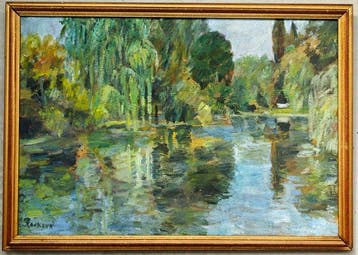 École française (XX) - Paysage avec étang dans le goût, Antiek en Kunst, Kunst | Schilderijen | Klassiek