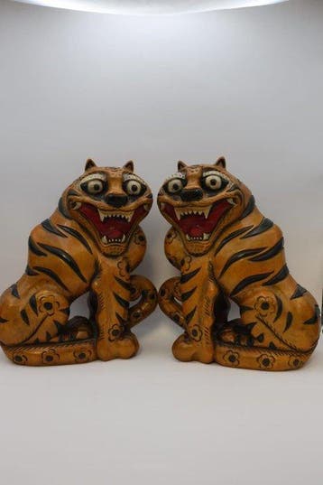 Pair of Korean Minhwa Carved and Painted Wooden Tigers -