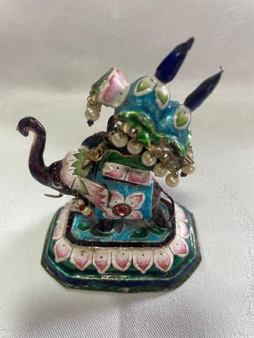 Beeldje - Vtg Indian Enameled Silver Elephant Howdah Mahout