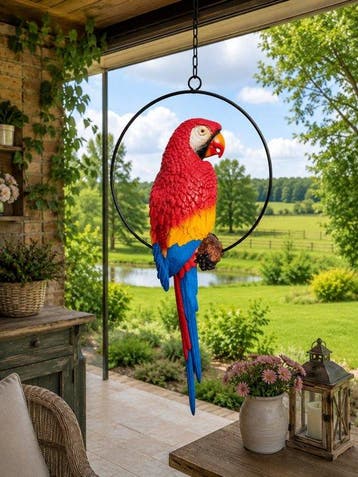 Beeld, life size colorful parrot in hoop - 68 cm - polyresin