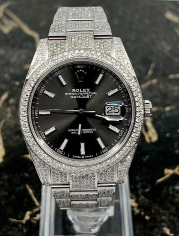 Rolex Datejust 41 - Grey - New  126300 - Iced Out - Diamonds, Staal, Polshorloge, Nieuw, Rolex