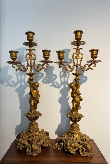 Kandelaber (2) - Zinklegering, Brons - 3 Napoléon III-lampen