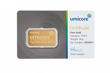 10 gram goudbaar Umicore met certificaat LBMA gecertificeerd, Verzenden, Goud
