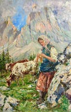 Lucia Crotti (1877-1960) - Pastorella sul Passo Sella, Antiek en Kunst, Kunst | Schilderijen | Klassiek
