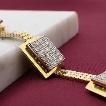 Gouden platte slangenschakel armband met zirconia, Gebruikt, Ophalen of Verzenden, Met edelsteen, Goud