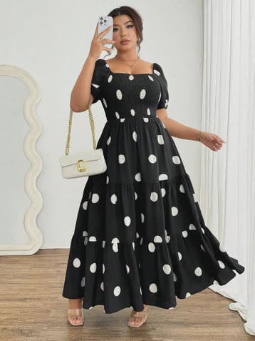 Zwarte Polka Dot Jurk met Pofmouwen en Vierkante Hals - Eleg, Verzenden, Nieuw