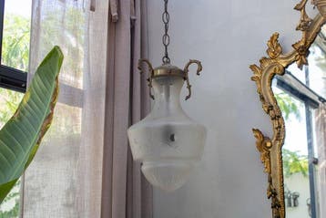 Plafondlamp - lantaarn - Messing, satijnglas - gegraveerde