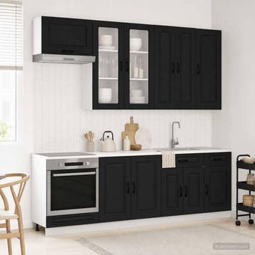 vidaXL Keukenblok KALMAR 8 st Zwart Bewerkt hout, Huis en Inrichting, Keuken | Keukenelementen, Verzenden, Nieuw, Zwart