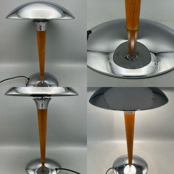 chroom en houten paddenstoel lamp - Tafellamp - Metaal, Hout