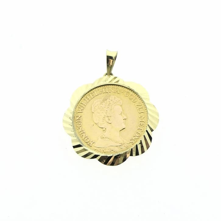 Gouden hanger van 10 gulden munt; Koningin Wilhelmina 1913, Sieraden, Tassen en Uiterlijk, Bedels, Gebruikt, Overige merken, Goud