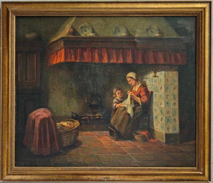École hollandaise (XX) - Mère et enfant près du foyer, Antiek en Kunst, Kunst | Schilderijen | Klassiek