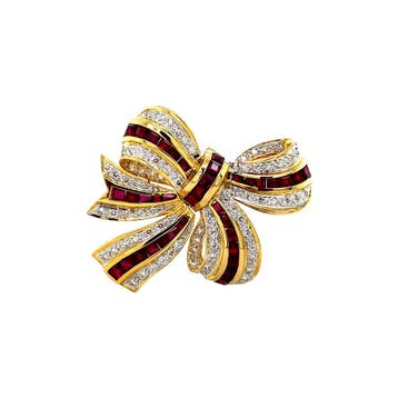 Gouden strik broche met robijn en diamant 18 krt, Sieraden, Tassen en Uiterlijk, Broches, Ophalen of Verzenden, Nieuw