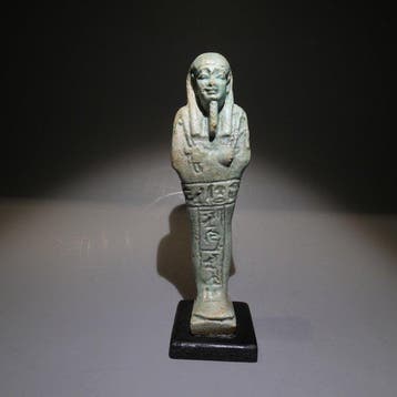 Oud-Egyptisch Faience Prachtige grote Shabti. 11,5 cm hoog.