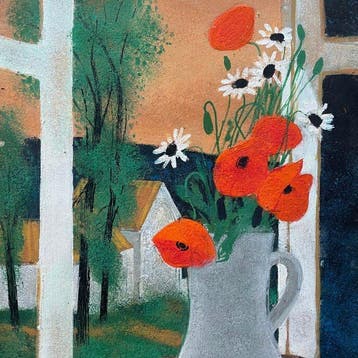 Yves Ganne (1931-2019) - Bouquet de coquelicots à la fenêtre, Antiek en Kunst