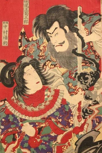 Twee kabuki-acteurs als krijgers uit het verhaal suikoden