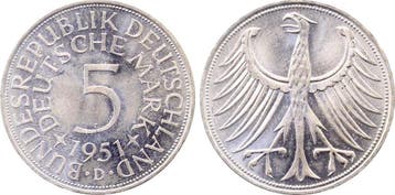 5 Mark Duitsland 5 duitse Mark 1951 D bfr/stgl J 387 zilver, Verzenden