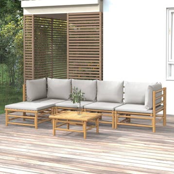 vidaXL 6-delige Loungeset met kussens bamboe lichtgrijs, Verzenden, Nieuw, Hout, Loungeset