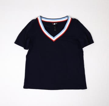 Donkerblauw shirt met V-hals en gestreepte boord maat 38, Verzenden, Gedragen