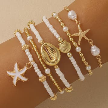 Set van 5 Vintage Kralen Armbanden met Sterren en Schelpen -, Verzenden, Nieuw