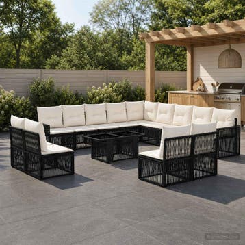 vidaXL Tuinbankenset 14 st Zwart en Cream Wit poly rattan, Verzenden, Nieuw